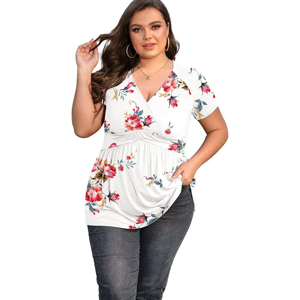 Plus Size Women's Spring and Summer V-neck Printed Short-sleeved T-shirt