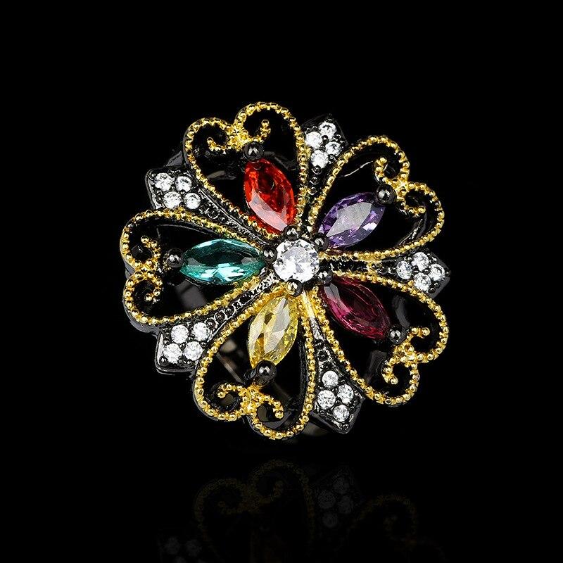 Rings Exquisite Colored For Womens Zircon Flower Rings Fashion Hollow Retro Rings Womens Party Jewelry Black Gold Rings