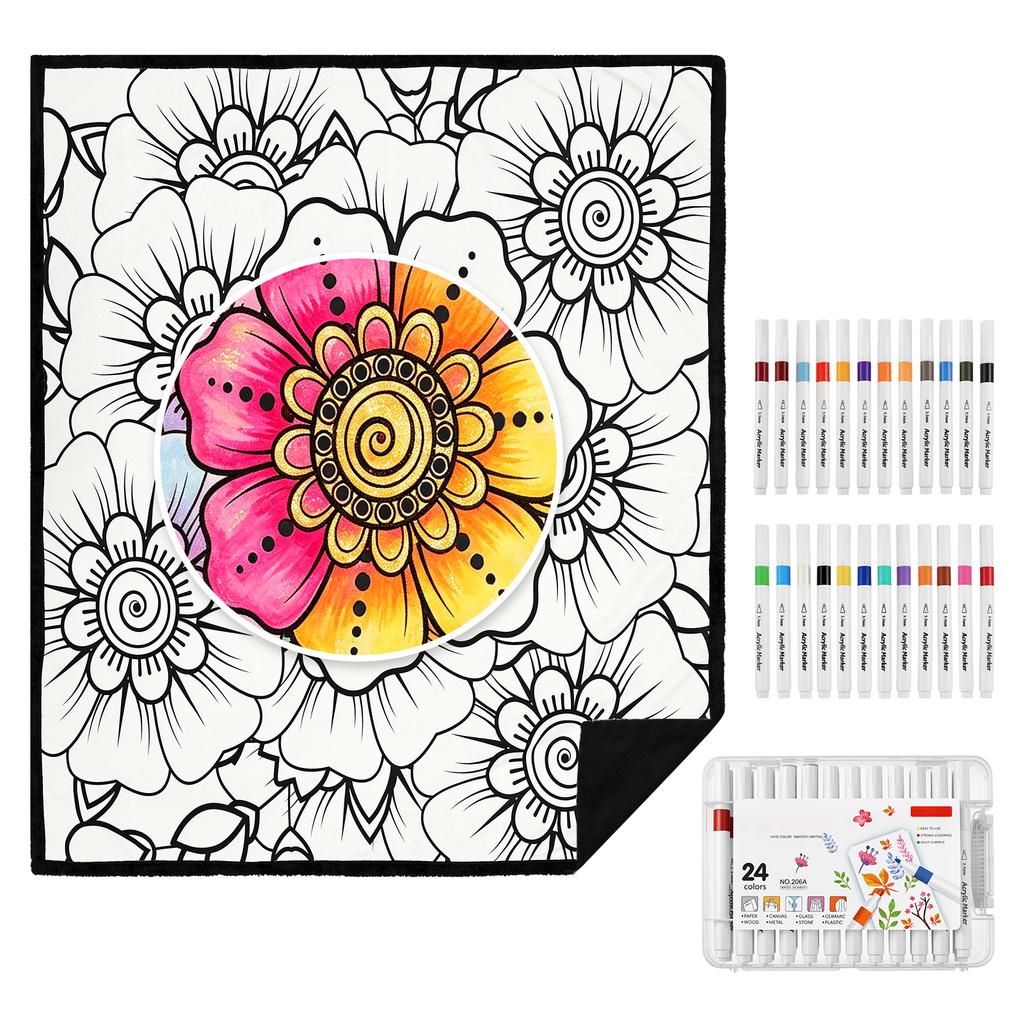 DIY Coloring Blanket with 24 Color Marker 150x130 cm Personalized Flannel Blanket Warm Color Your Own Blanket for Art and Craft