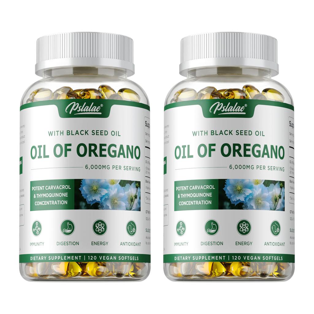 Oregano oil complex soft capsules, combined with black cumin oil, for immune health, antioxidant, and suitable for adults.