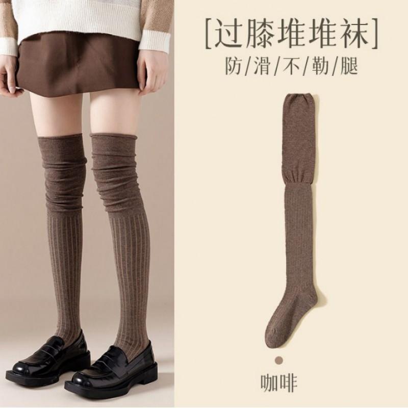 Womens Thin Solid Color Over-the-Knee Socks With Ruched Layering Design Cotton Blend Casual Long