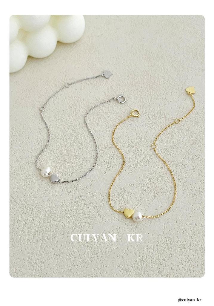 Серебряный браслет Cui Yan с жемчугом в форме сердца, корейский дизайн - Элегантный нишевый дизайн для женщин