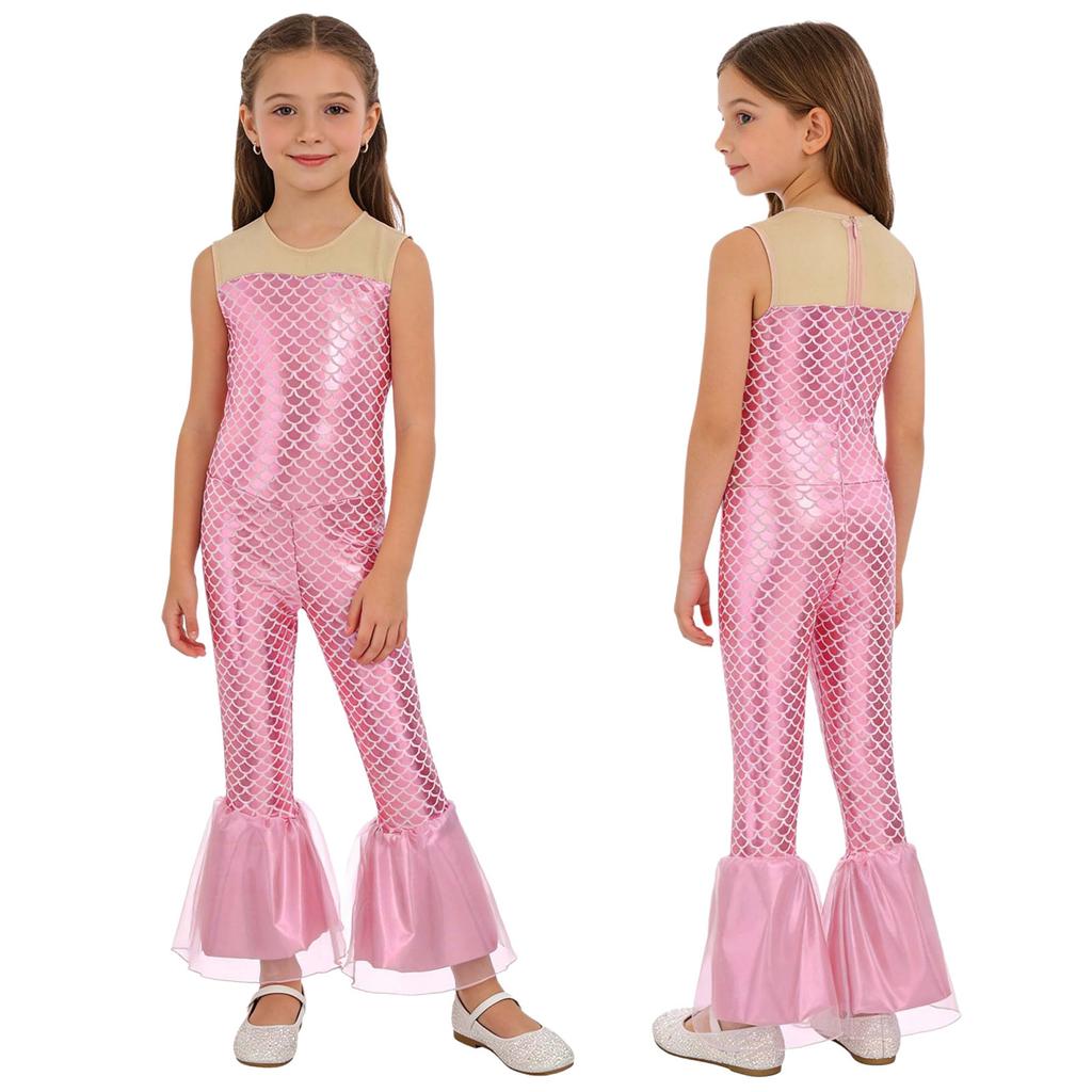 All-in-One Mermaid Halloween Outfit for Kids Girls: Playful Fish Scale Jumpsuit, Easy to Wear for Instant Transformation