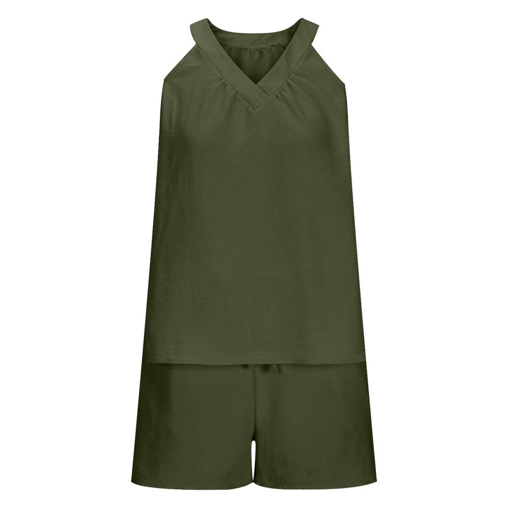 Женский однотонный свободный пуловер с v-образным вырезом, повседневный топ без рукавов с карманами, шорты, комплект