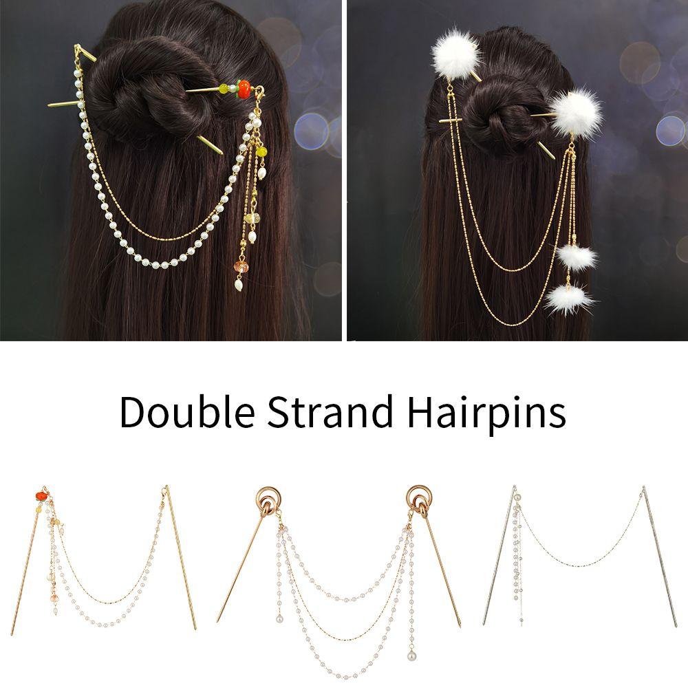 Fashion Pearl Tassel Hair Accessories Headdress Double Strand Hairpins Hair Fork Hair Sticks