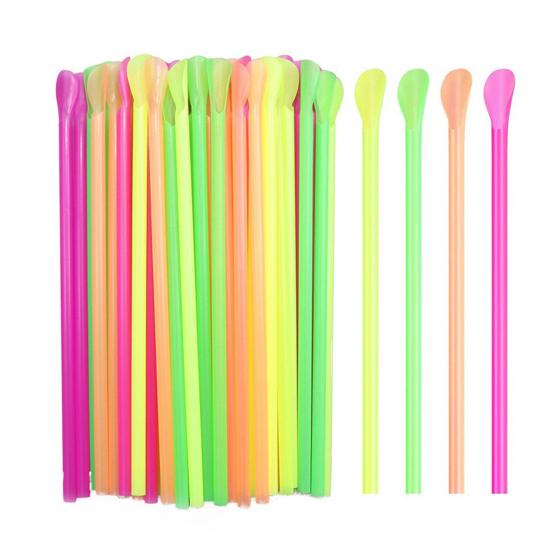 50/100Pcs Spoon Straw for Smoothie, 2 in 1 Disposable Straw with Spoon, Plastic Slush Straw for Milkshake Bubble Tea