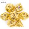 7 Pcs Yellow Blue Gear Wheel Metal Dice Hollow Metal Polyhedral Dice Set Suitable for Role-Playing RPG Board Game Card Game