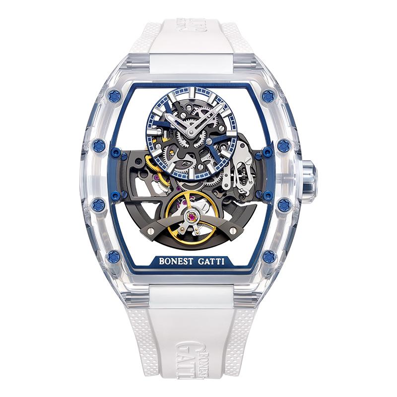BONEST GATTI New Men Mechanical Watch Tonneau Crystal Case Skeleton Rubber Strap Light Luxury Luminous Wristwatch for Men
