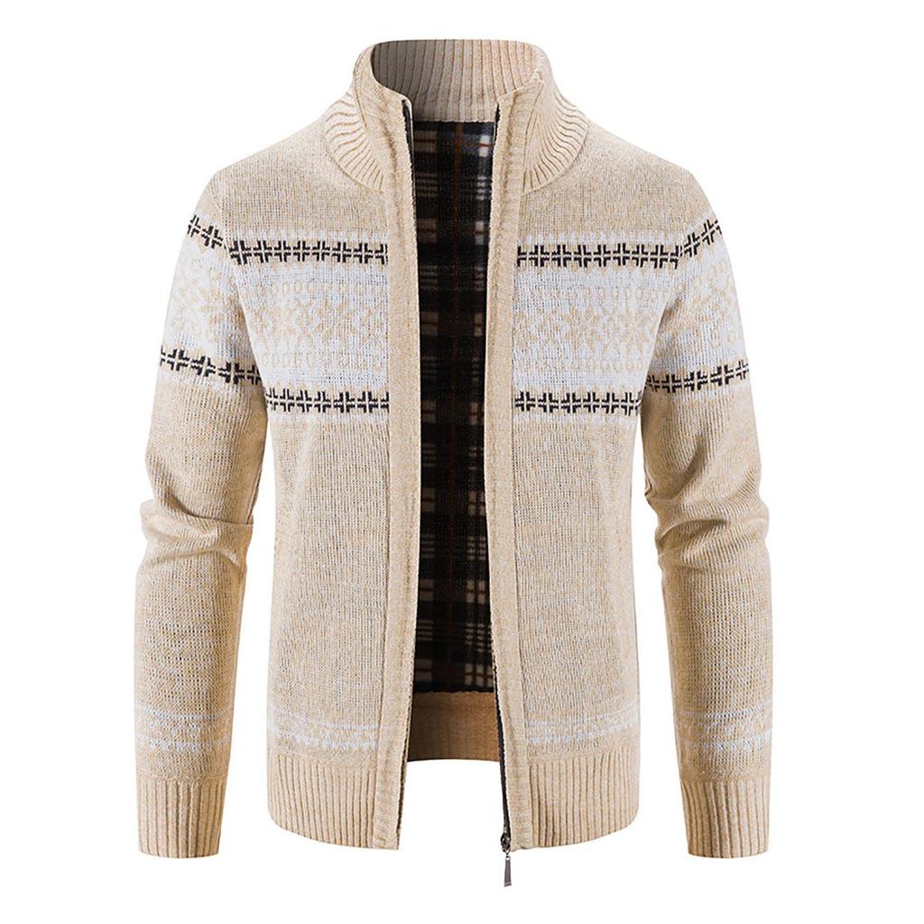 Men's Casual Autumn Winter Zipper Sweater Stand Collar Printed Cardigan Tops Sweater Blouse Coat