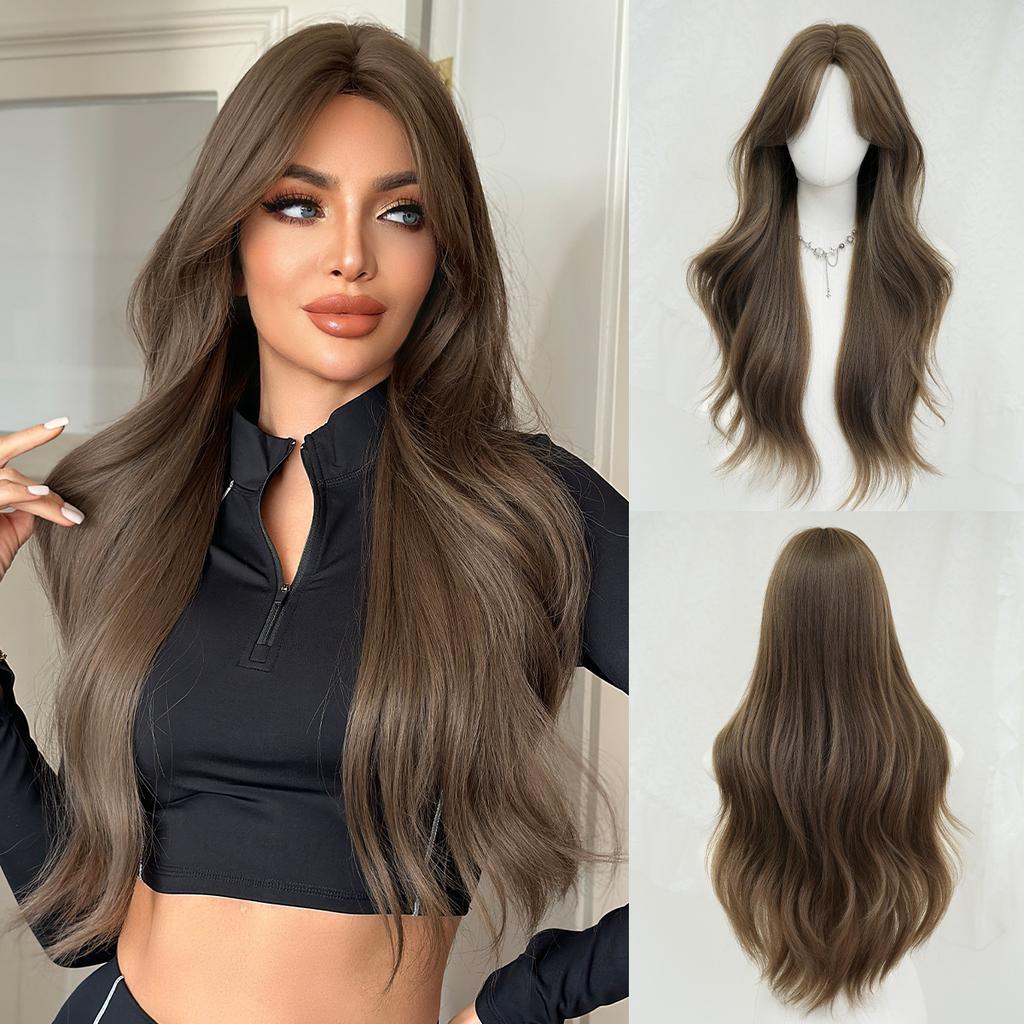 Caramel Warm Brown Extra Long Curly Wig for Women - Big Waves Curtain Bangs Full Cap, Quick Beauty Voluminous Hair, High Quality Daily Styling