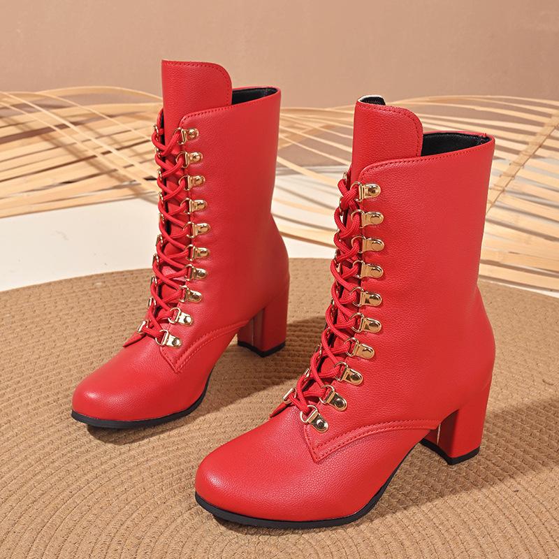 Spring Autumn Ankle Boots for Women Comfortable Platform Botas Women High Heels Lace Up Solid Color Short Knight Boots Big Size