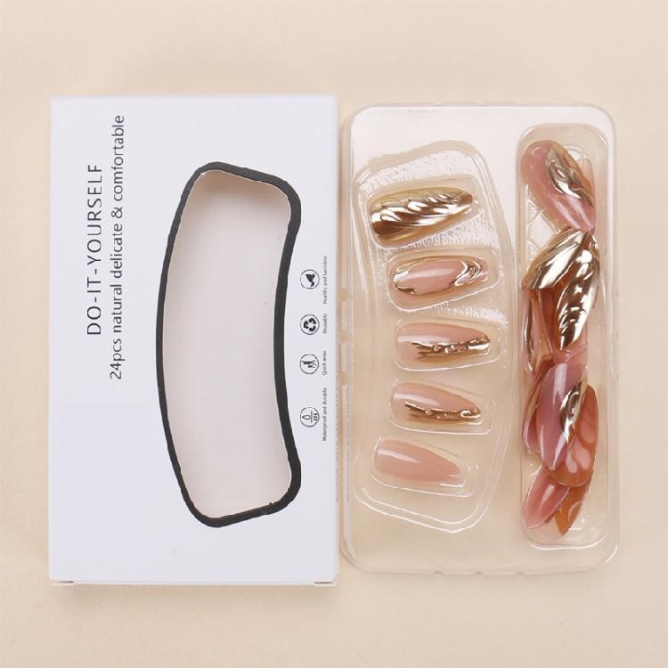 24 шт. Короткие миндальные золотые накладные ногти с резным дизайном волны, полное покрытие, для уникального и стильного образа