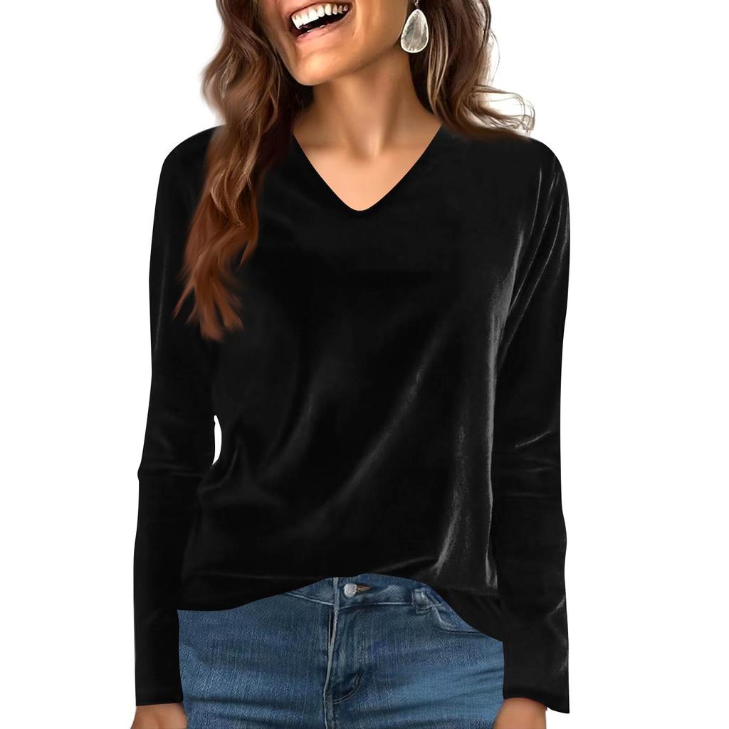 Women's Fashion Casual Velvet Solid Colour V-Neck Long-Sleeved T-Shirt Top