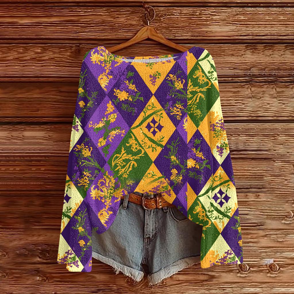 Women's Casual Fashion Round Neck Top Carnival Print Long Sleeve Knit Pullover