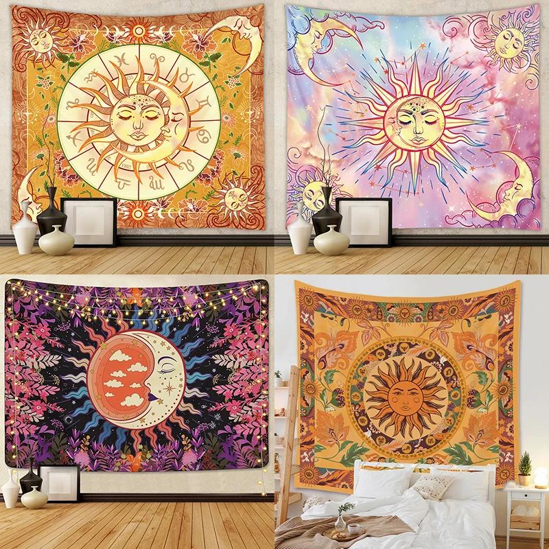 Красивое украшение интерьера, гобелен, психоделическое солнце и луна, мандала, цветы, домашняя стена