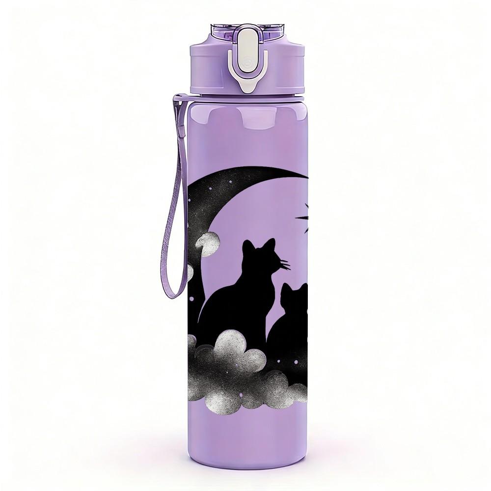 1PC Moon Night Black Cat Silhouette 750ml Color Plastic Sports Water Bottle Leakproof Flip Straw Lid Suitable for Sports Office Home Use