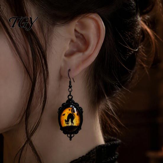 Niche Design Transparent Time Gem Jewelry 1 Pair Halloween Gothic Black Cat Earrings for Women, Vintage Durable Zinc Alloy Retro Dark Punk Style
