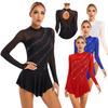 Womens Figure Skating Dance Dresses Rhinestone Sheer Mesh Patchwork Long Sleeve Leotard Dress