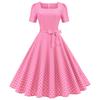 Retro Women's Square Neck Short Sleeve Polka Dot Print Lace Up Waist Big Swing Dress