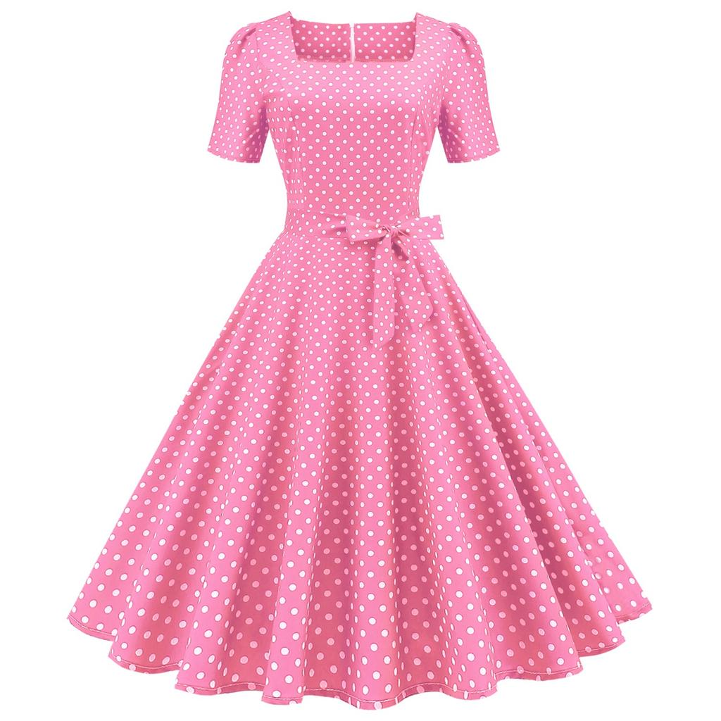 Retro Women's Square Neck Short Sleeve Polka Dot Print Lace Up Waist Big Swing Dress