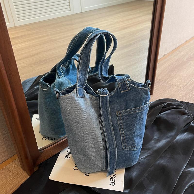 Niche Bucket Canvas Bag Women's Bag Literary Fashion Hand Bill Shoulder Bag Patchwork Denim Crossbody Bag