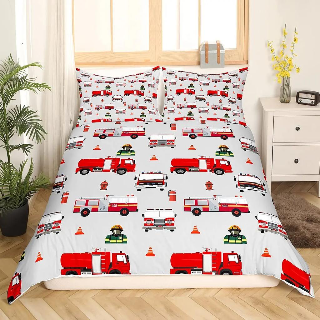 Firefighter Truck Duvet Cover King/Queen Size Red Firemen Car Bedding Set For Boys Girls Fire Engine Polyester Quilt Cover