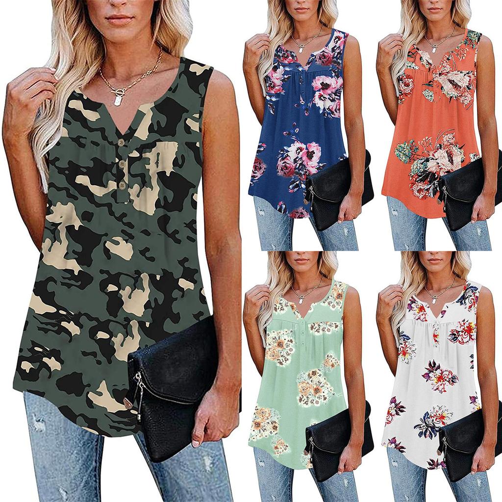 Fashion Womens Summer V-neck Sleeveless Prints Tops Ruffle Loose Tunic Blouse