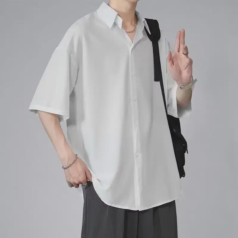 Men's Summer Trendy Loose-Fit Black Ice Silk Shirt with Casual Five-Point Sleeves