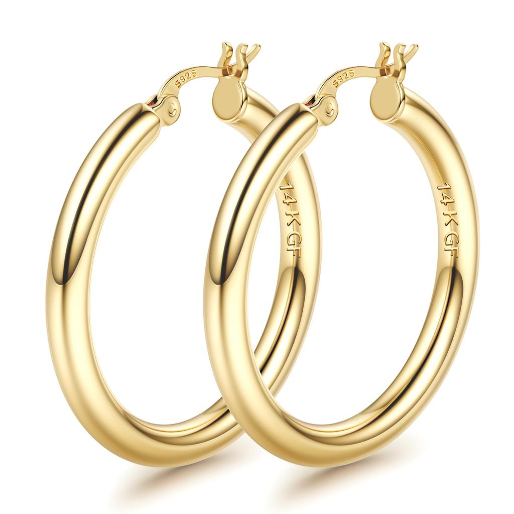 14K Chunky Gold Plated Hoop Earrings for Women 925 Sterling Silver Post Hollow Tube Hoops Earrings 4mm Thick Hoop Earrings Hypoallergenic