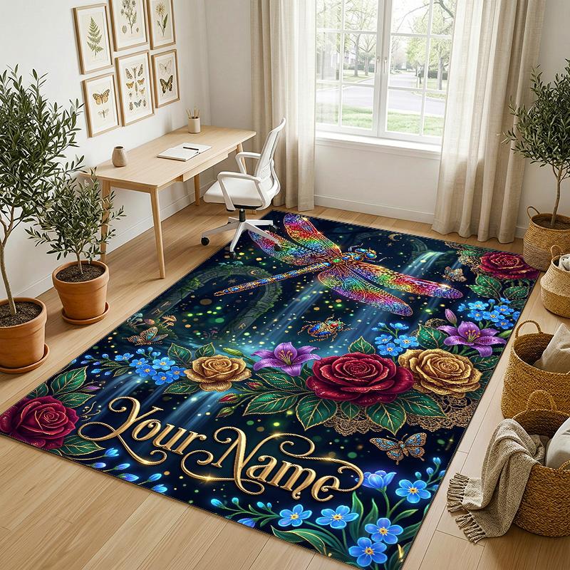 Dragon Phoenix Theme Crystal Velvet Rug Personalized Custom Name Text Soft Floor Mat Home Decor