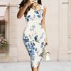 Women Plus Size Cream White Floral Printed Asymmetric Ring Strap Sleeveless Bodycon Midi Dress