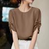 Womens Round Neck Casual Pleated Short Sleeves Blouse