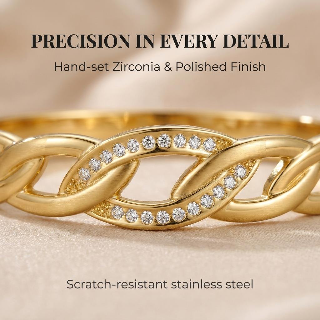 Gold Color Snap-on Zircon Link Bangle Stainless Steel Bracelet for Women Fashion Jewelry Gift 60mm