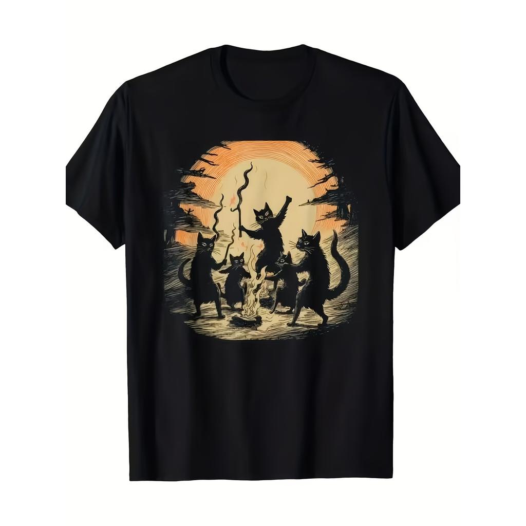 Witch Cats Bonfire Dancing Graphic Tee Vintage Gothic Halloween Black Cat T-Shirt Soft Daily Casual