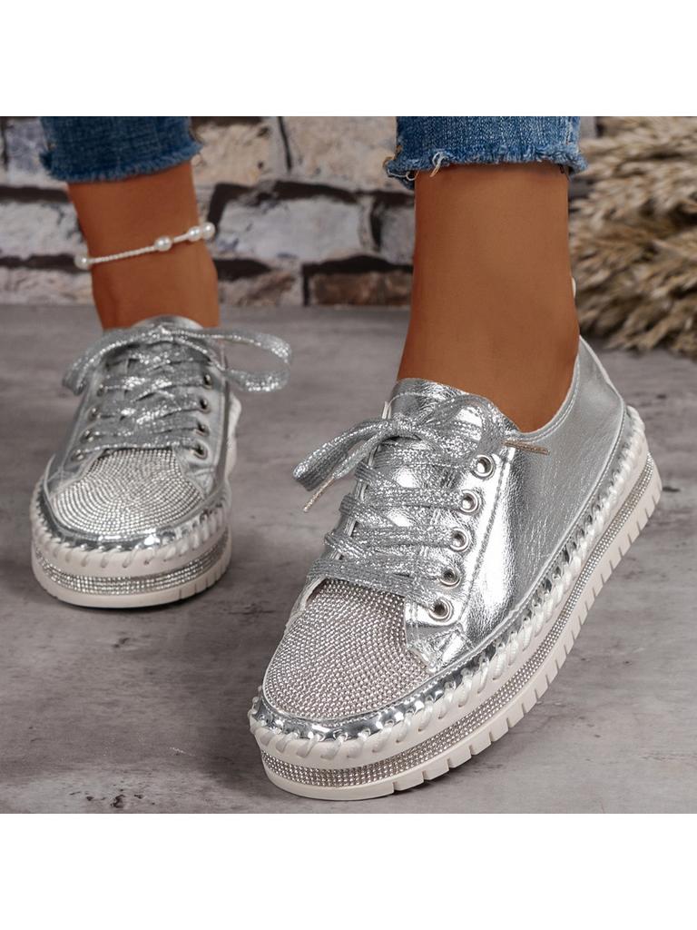 Women Shoes Diamond Setting Platforms Casual PU Walking Flats Lace Up Shoes Sneaker Plus Size 44