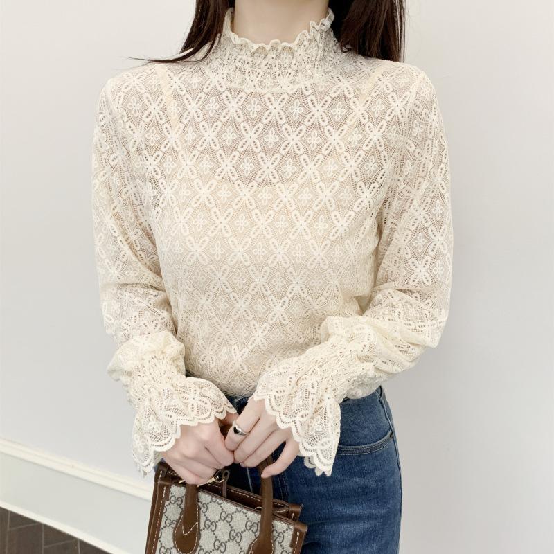 Осенне-зимняя женская рубашка с полувысоким воротником и бархатной кружевной основой, облегающая рубашка с длинными рукавами