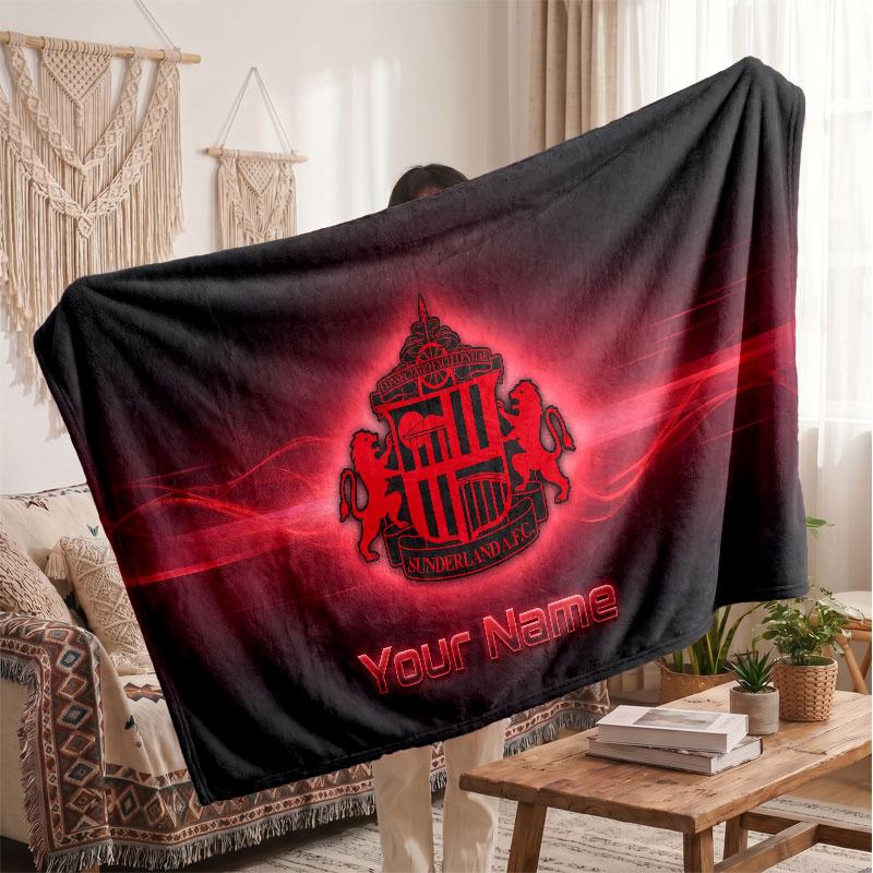 Sunderland FC Personalized Fleece Blanket With Football Logo, Custom Name Text Soft Warm Home Throw Blanket