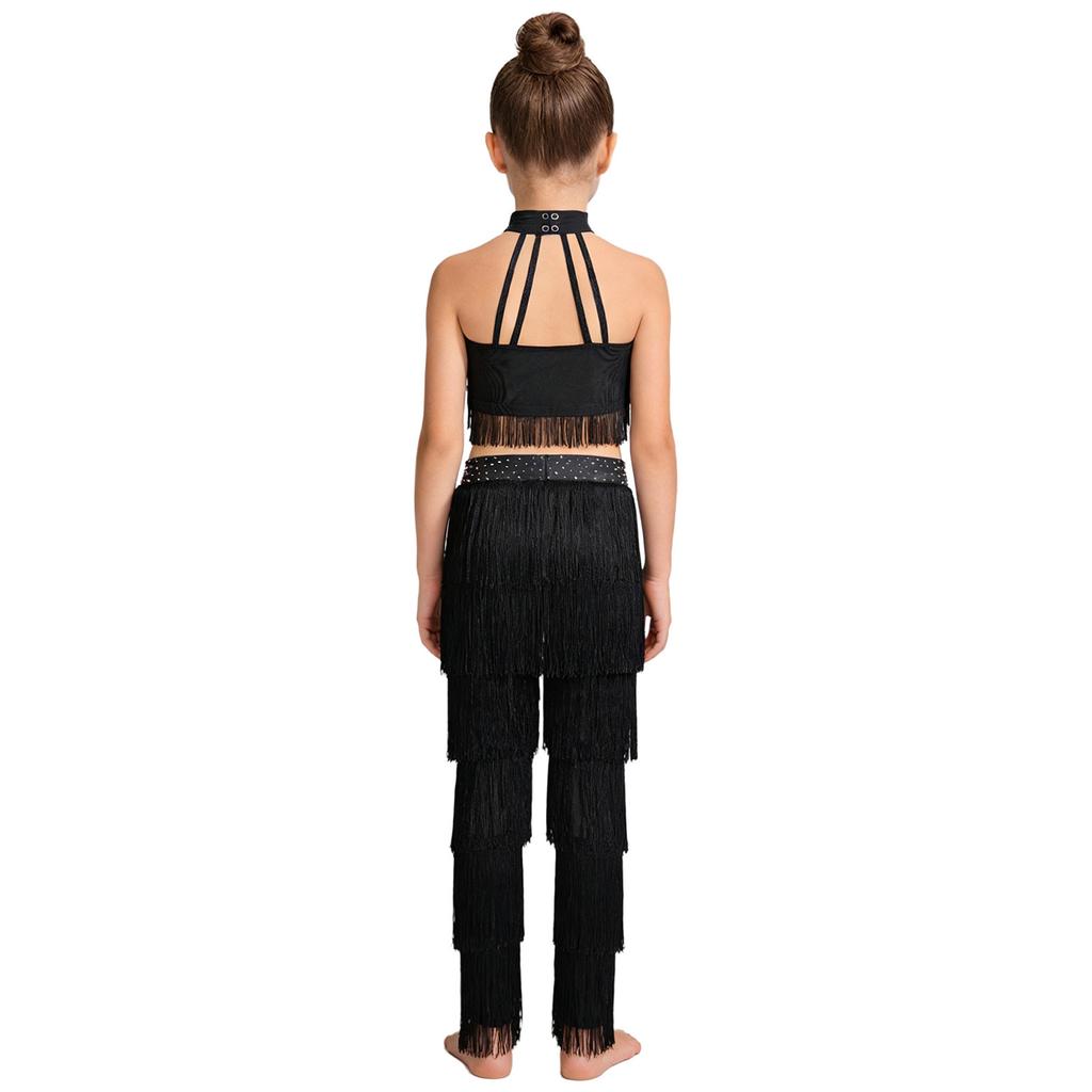 Children‘s Latin Dance Outfit Sleeveless Back Straps Crop Top Layered Tassels and Matching Elastic Waist Fringe Pants for Salsa Competition
