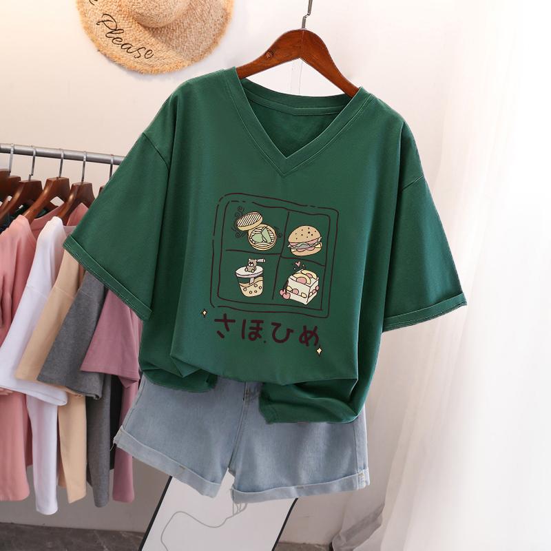 Женская футболка с коротким рукавом, большого размера, свободная и стройнящая, топ с V-образным вырезом с принтом