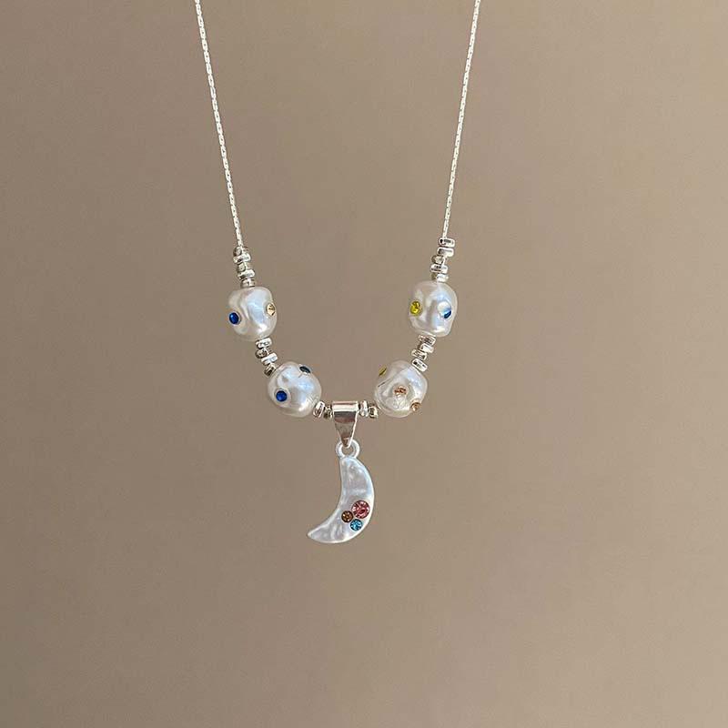 Aesthetic Colorful Rhinestone Star Pendant Silver Color Pearl Necklace for Women Beaded Neck Chain Jewelry Accessories