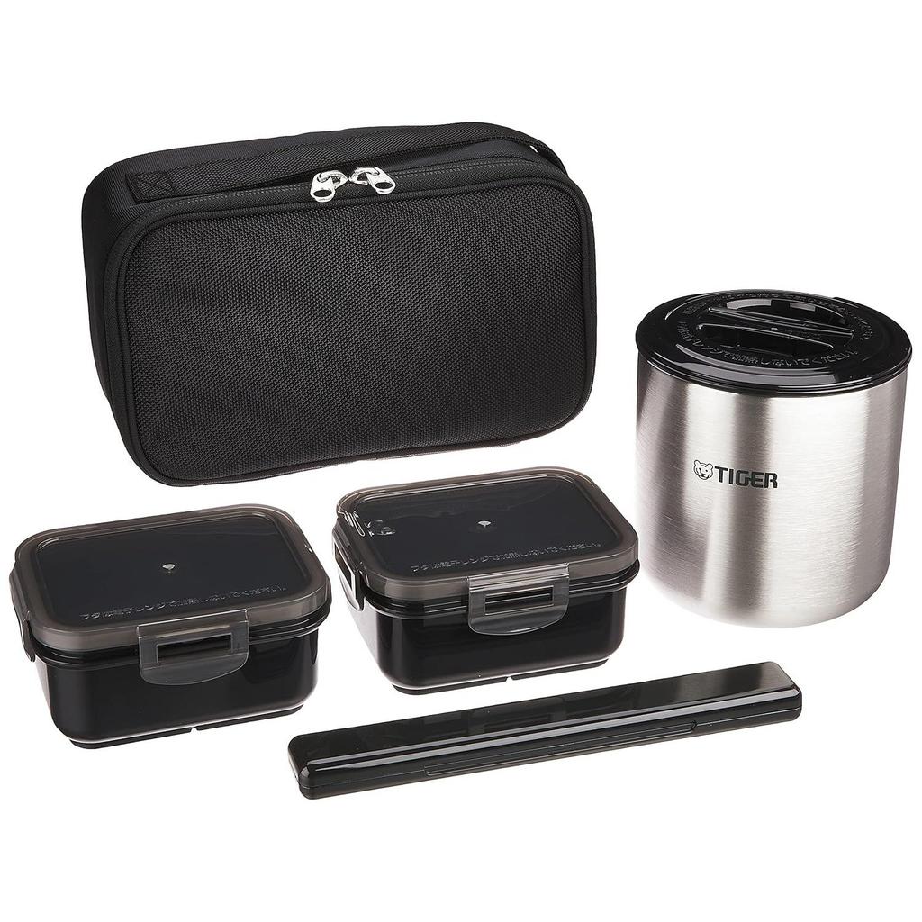 Tiger Thermos Insulated Bento Box Stainless Steel Lunch Jar Rice Bowl Approximately 2.3 Cups Pouch Black LWY-E461-K