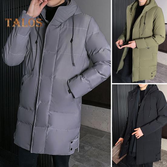 Men Cotton Coat Hooded Drawstring Long Sleeve Full Zipper Closure Cotton Jacket with Side Pockets Solid Color Mid-length Winter Outwear