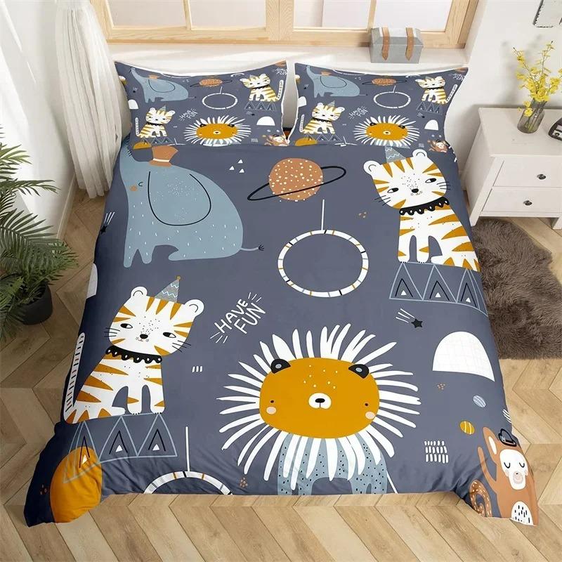 Kawaii Lion Duvet Cover Set Twin King For Kids Boys Girls Cartoon Animal Bedding Set Microfiber Wild Animals Theme Quilt Cover