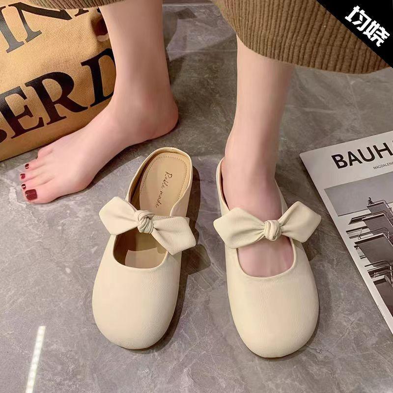 Тапочки Baotou женские ленивые туфли 2024 лето новые французские нежные банты с одной педалью полуподдерживающие одинарные туфли