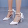 Большой размер34-43Женская обувь Толстый каблук Заостренные Женские сандалии Жемчужный ремешок на щиколотке Женские туфли-лодочки Свадебная вечеринка Невеста Туфли на высоком каблуке
