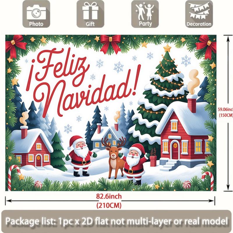 One piece of 2D flat Christmas-themed banner featuring Santa Claus and reindeer patterns.
