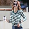 Women's Long-sleeved V-neck T-shirt Loose Large Size Casual Long-sleeved Striped Long-sleeved Shirt
