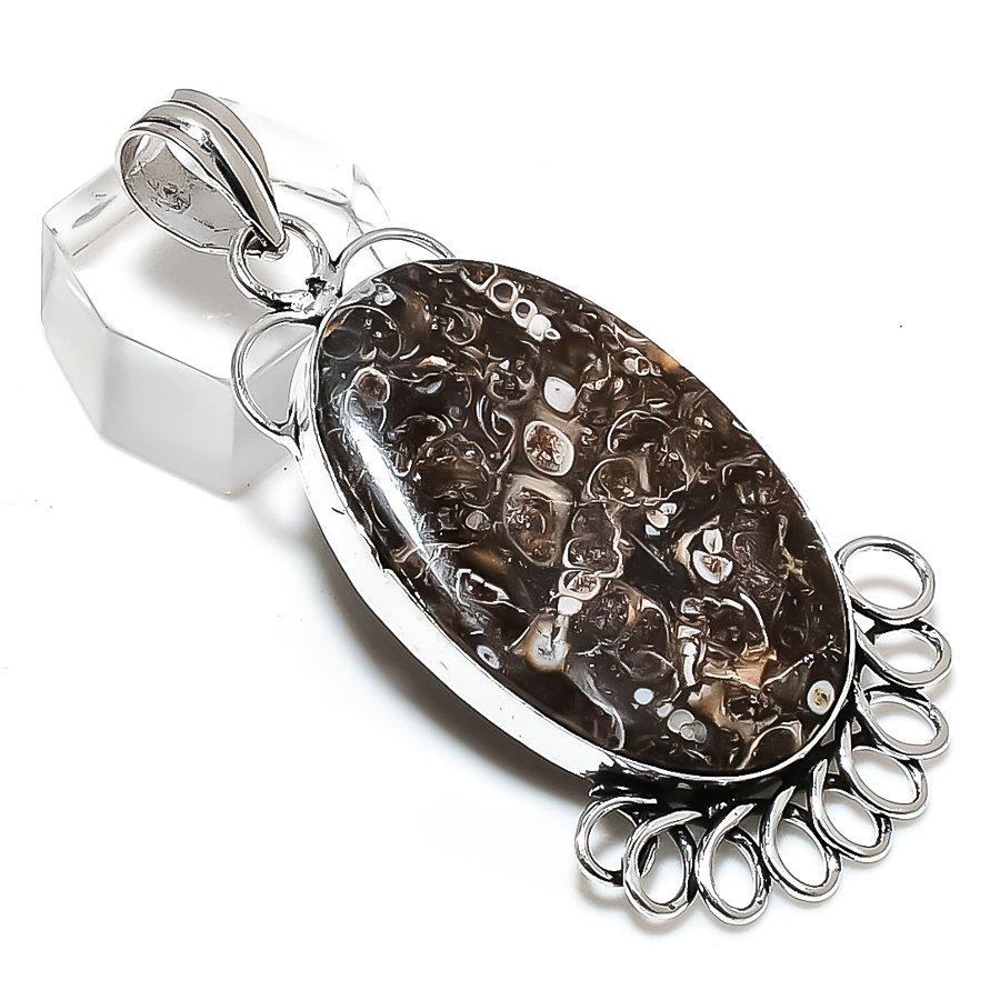 Туртилла Ископаемый Драгоценный Камень Ручной Работы 925 Стерлинговое Серебро Ювелирное Изделие Подвеска 2,48" E7P09