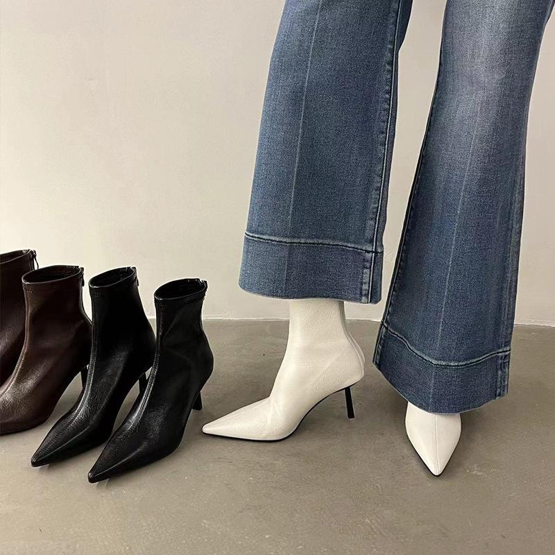 Brown Short Boots 2024 Autumn and Winter New European and American Retro Versatile Internet Celebrity Thin Boots Thin Heel Pointed High Heel Short Boo