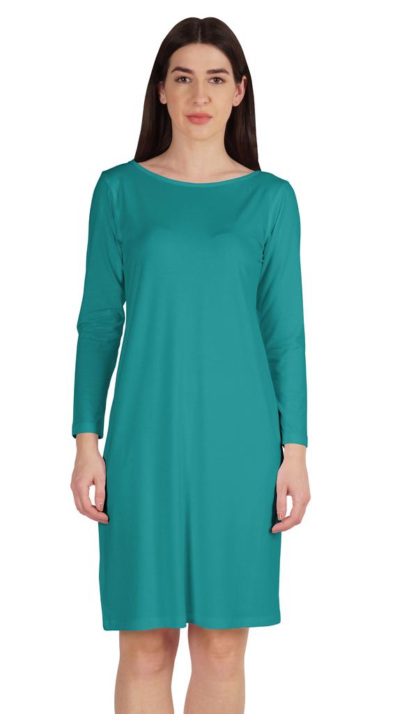 Inkmeso Knee Length Plain Dress Long Sleeve Boat Neck Tshirt Dress For Women